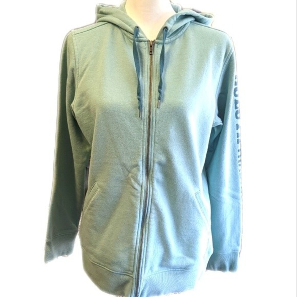 Duluth Trading Co. Aqua green full zip up hoodie sweatshirt, logo sleeve S